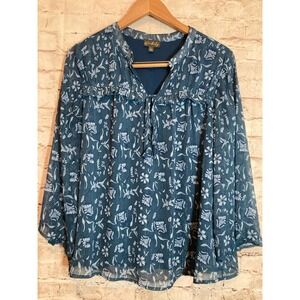 Wonderly Peasant Top Womens Large Teal Blue Glitter Boho Dark Romantic Florals